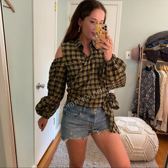 NWT GANNI Green Black Seersucker Wrap Collar Top M - Picture 5 of 14